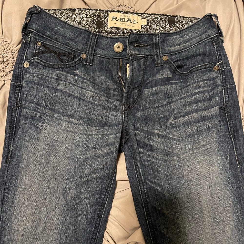 Ariat Women's REAL Britney Dark Wash Mid Rise Frayed Hem Boot Cut Jean